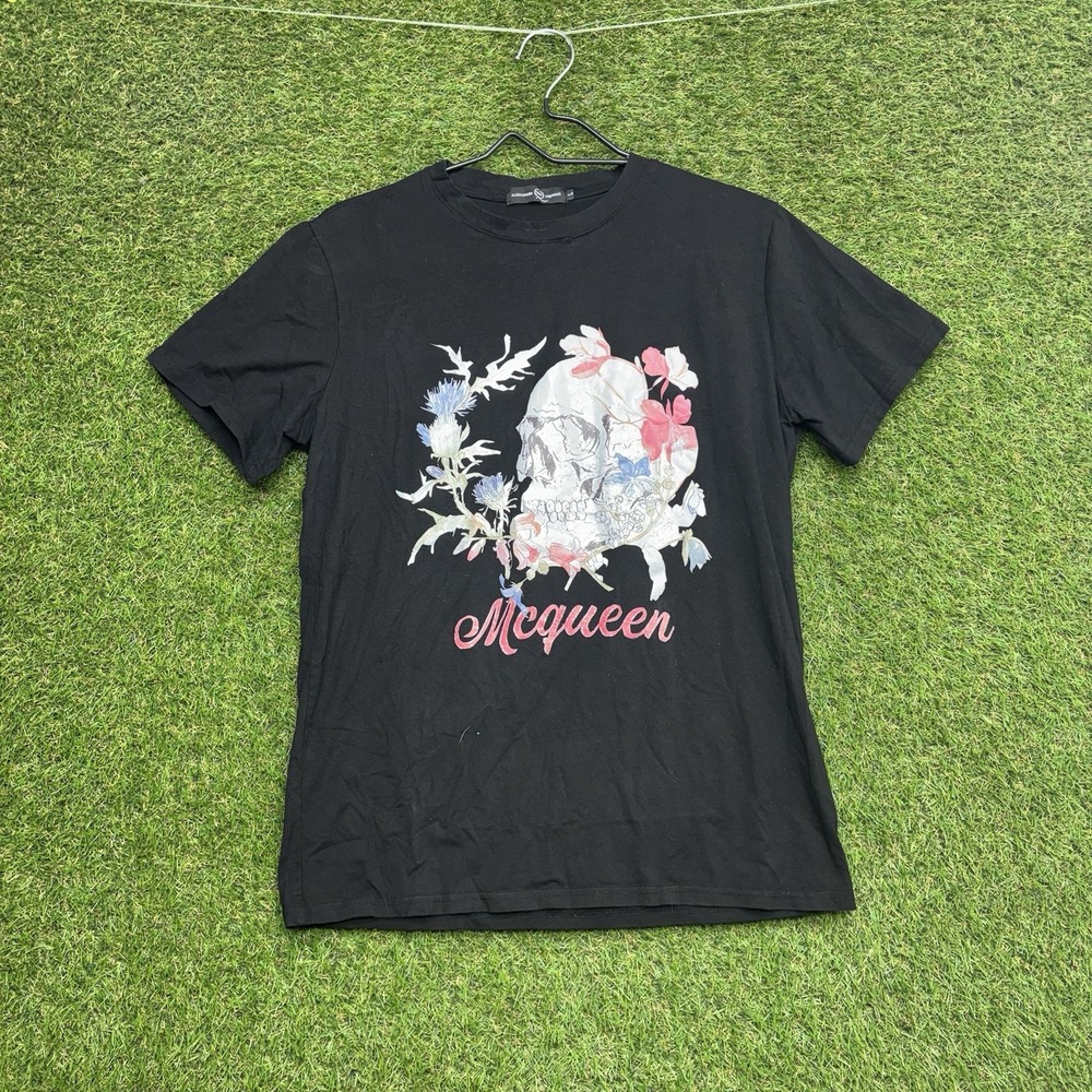ALEXANDER MCQUEEN Shirt Womens Large Skull Roses Flower Short Sleeve Y2K